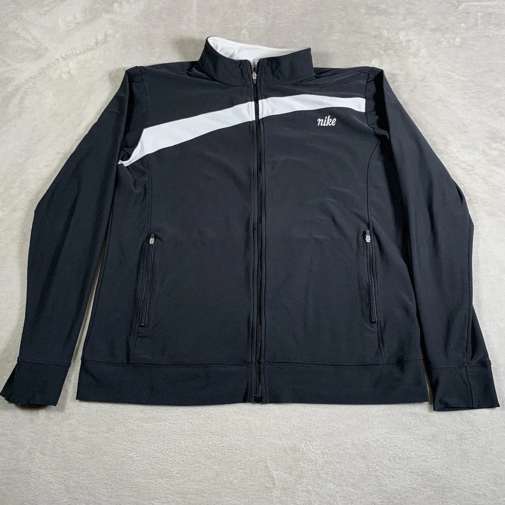 VTG Nike‎ Track Jacket Womens XL Black White Full Zip Athletic Running Pockets